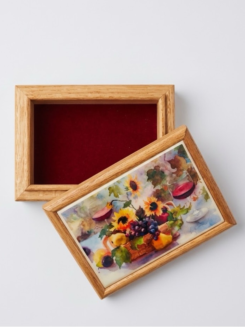 Vintage Judy Buswell Oak Wine Tile Inset Keepsake Jewelry Box Velvet Lined